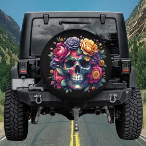 Floral Skull Spare Tire Cover, Skull With Flowers Spare Tire Cover, Floral Skeleton Spare Tire Cover, Gothic Decor, Mexican Gifts For Women