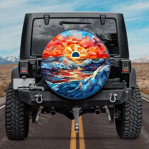 Rising Sun Ocean Spare Tire Cover camera hole option, Sunrise Spare Tire Cover, Beach Landscape Tire Cover,Beach Waves Spare Tire Cover