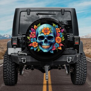 Floral Skull Tire Cover with Backup Camera Hole Tire Cover,Skull Tire Cover,Dia de los muertos Car Accessories ,Sugar Skull Flower car cove