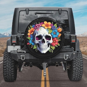 Halloween 2025 Skull Tire Cover with Camera Hole  option , Floral Spare Tire Cover, Bronco Skull Tire Cover,Spooky Season Car accessories