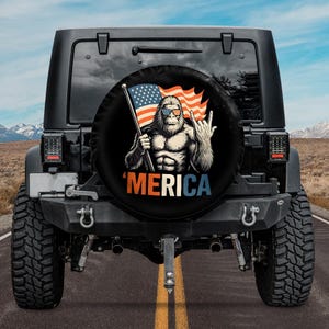 Merica Bigfoot 4th of July Spare tire cover Camera Hole Option,Bigfoot Usa Flag tire cover,Bigfoot Car Accessories,American Sasquatch Yeti