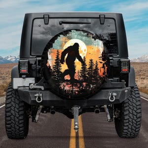 Bigfoot Mountain Forest Spare Tire Cover,Bronco Tire Cover,Retro Sasquatch Bigfoot Yeti Tire Cover backup camera Hole,Christmas Tire Cover