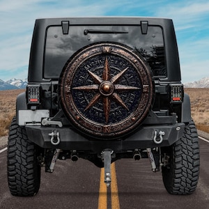 Vintage spare tire cover compass black bronze metal for Ford Bronco Mercedes Land Rover Land Cruiser GIFT for Campers,Compass Wheel Cover