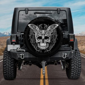 Halloween 2025 Spare Tire Cover, Gothic Dark Engraved Skull Butterfly Tire Cover ,dia de los muertos,Fall 2025 Spooky Season Car accessories