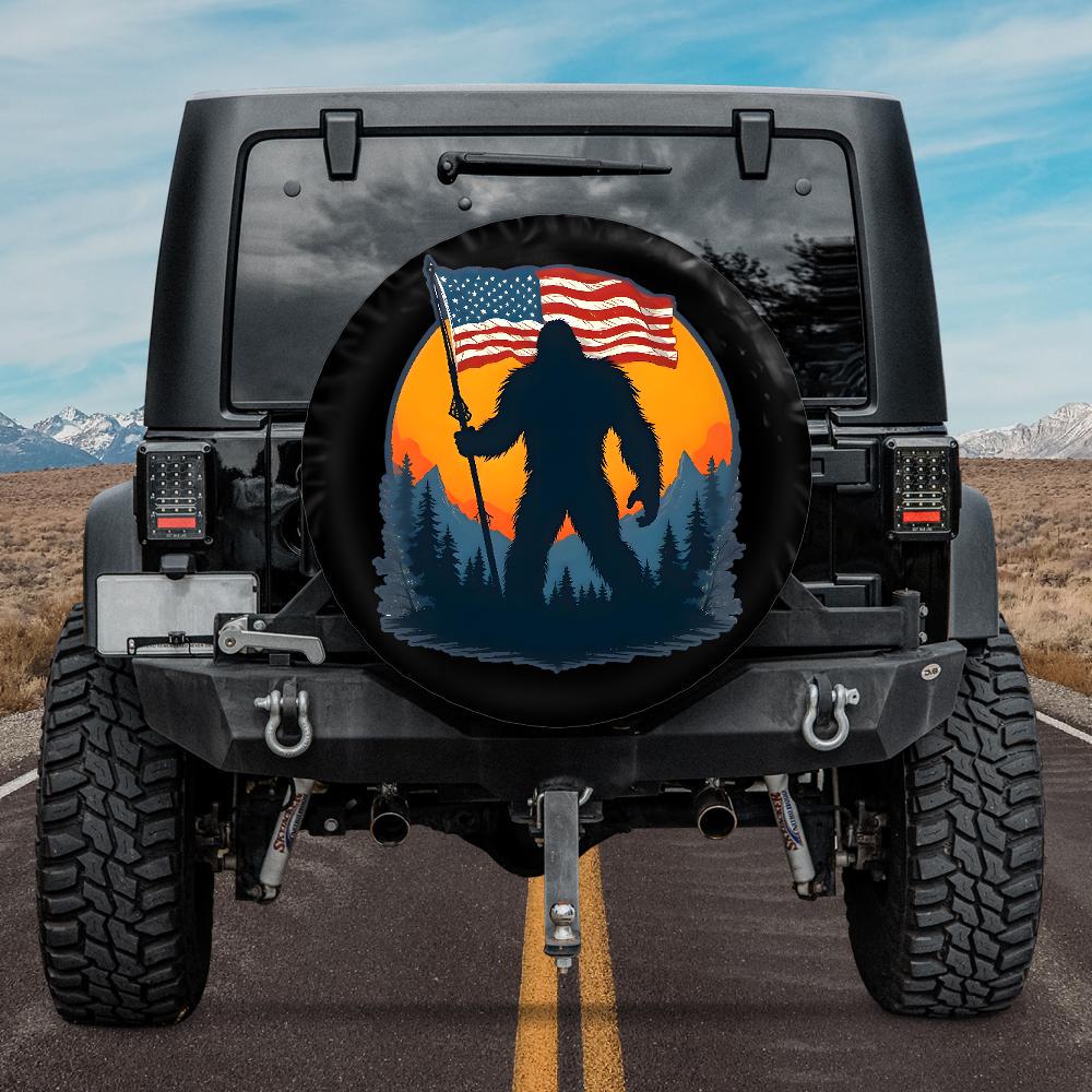 Bigfoot American Flag Spare tire cover Camera Hole Option,Patriotic Sasquatch tire cover,USA Flag Bigfoot tire cover 4th of July tire cover