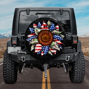 USA Flag Sunflower Spare Tire Cover camera hole Option,4th of july Sunflower Tire cover,USA Flag Spare Tire Cover Western car Accessories