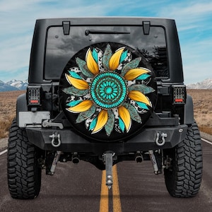 Turquoise Sunflower Tire Cover for SUV, Broncos, RVs and Campers, With Backup camera hole, Turquoise Tire Cover Goth Accessories for Women