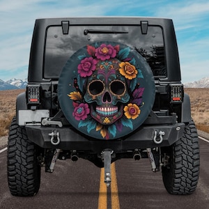 Floral Skull Tire Cover, Backup Camera Hole Tire Cover,Retro Skull Tire Cover with flowers,Skull Car Accessories women, dia de los muertos
