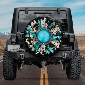 Turquoise Sunflower Tire Cover for SUV, Broncos, RVs and Campers, With Backup camera hole, Turquoise Tire Cover Goth Accessories for Women