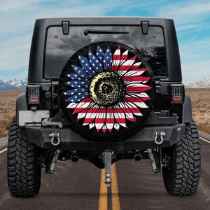 Bronco Usa Flag Sunflower Spare Tire Cover Camera Hole Option,Summer Sunflower Spare Tire Cover for girls,4th Of July Sunflower Tire Cover