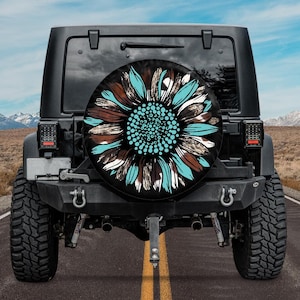 Turquoise Sunflower Spare Tire Cover ,Turquoise Cow Print Sunflower Spare tire Cover,Women Sunflower Tire Cover, Aesthetic Fall Tire Cover