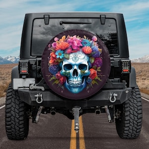 Floral Skull Spare Tire Cover, Skull With Flowers Spare Tire Cover, Floral Skeleton Spare Tire Cover, Gothic car Decor, dia de los muertos