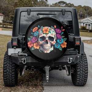 Halloween 2025 Spare Tire Cover,Floral Skull Tire Cover,Spooky Season Skeleton Car Accessories,Fall 2025 Gothic car Decor dia de los muertos