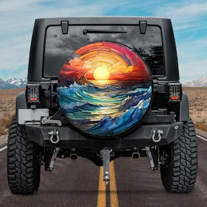Rays Of The Rising Sun Spare Tire Cover with backup camera hole, Sunrise Spare Tire Cover,Sunshine,Waves Spare Tire Cover,Summer Tire Cover