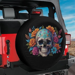 Halloween 2025 Spare Tire Cover with camera hole option, Bronco Skull With Flowers Spare Tire Cover,Mexican Day of the Dead Skull tire cover