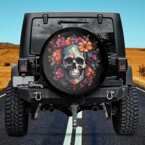 Floral Skull Tire Cover, Backup Camera Hole Tire Cover,Retro Skull Tire Cover with flowers,Skull Car Accessories women,Sugar Skull Flower