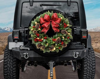 Christmas 2025 Wreath Spare Tire Cover Backup Camera Hole option, Xmas Tire Cover, Christmas Decoration jeeps Wrangler Accessories