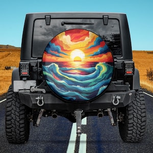 Sunset Beach Spare Tire Cover camera hole option, Boho Sunset Spare Tire Cover,Sunshine Beach Waves Spare Tire Cover,Ocean Summer Tire Cover