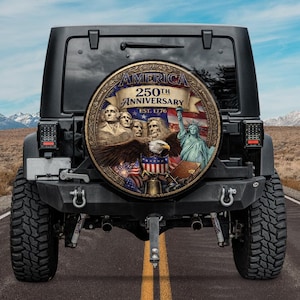 America 250th Anniversary Spare Tire Cover Camera hole, 1776-2026 Patriotic Bow Wheel Cover, Mount Rushmore 4th of july Car Accessories
