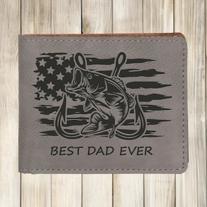 Cartera de cuero para hombre con el mejor papá del mundo para pesca de lubina, regalos para el Día del Padre para pescadores, cartera de cuero para hombre del 4 de julio, cartera de cuero con la bandera estadounidense