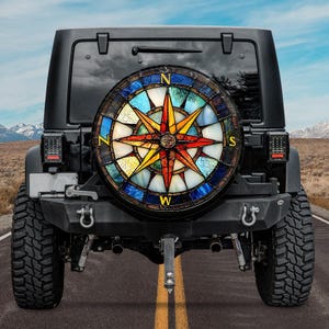 Stained Glass Compass Spare tire cover Camera hole Option,Colorful Compass sapre tire cover, Bronco Compass Tire Cover, Nautical Compass