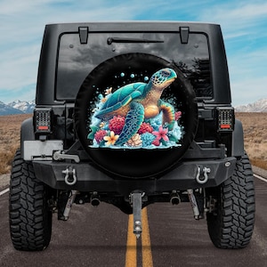 Retro Turtle Spare Tire Cover camera Hole, Cute Sea Turtle With Wave Spare Tire Cover,Summer Beach Spare Tire Cover, Ocean Lovers tire cover