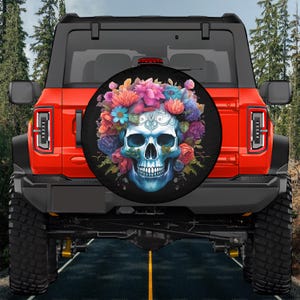 Bronco Halloween 2025 Spare tire Cover, Halloween Skull Spare Tire Cover, Flower Skull Spare Tire Cover,Gothic car Decor, dia de los muertos