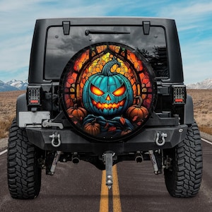 Scary Pumpkin Jack-O-Lantern Halloween 2025 Spare Tire Cover,Fall Tire Cover for SUV RVs, Broncos With Backup Camera Hole,Fall Tire Cover