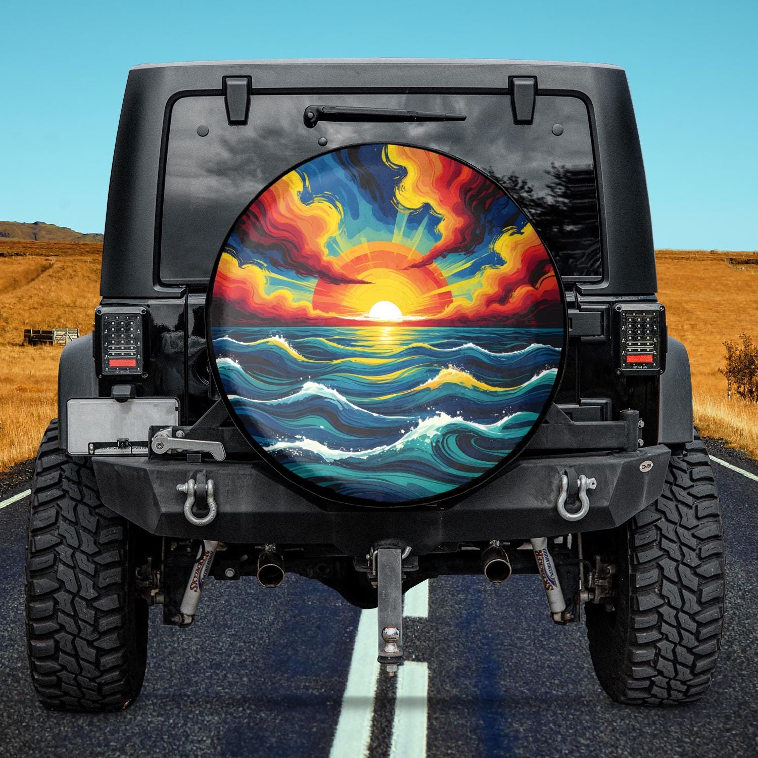 Rays Of The Rising Sun Spare Tire Cover with backup camera hole, Sunrise Spare Tire Cover,Sunshine,Waves Spare Tire Cover,Summer Tire Cover