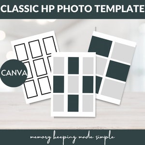 May include: Three photo templates for Canva. The first template has nine white squares. The second template has six squares, three are gray and three are dark green. The third template has six squares, three are white and three are dark green.
