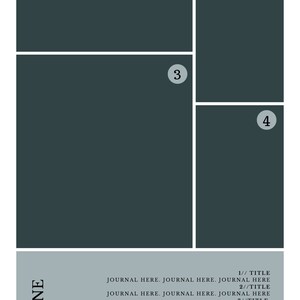 May include: A four-panel journal with a dark green background. The panels are numbered 1 through 4. The text "JUNE" is at the bottom left corner of the image. The text "JOURNAL HERE. JOURNAL HERE. JOURNAL HERE" is repeated four times, once for each panel, with the panel number and the word "TITLE" following each repetition.