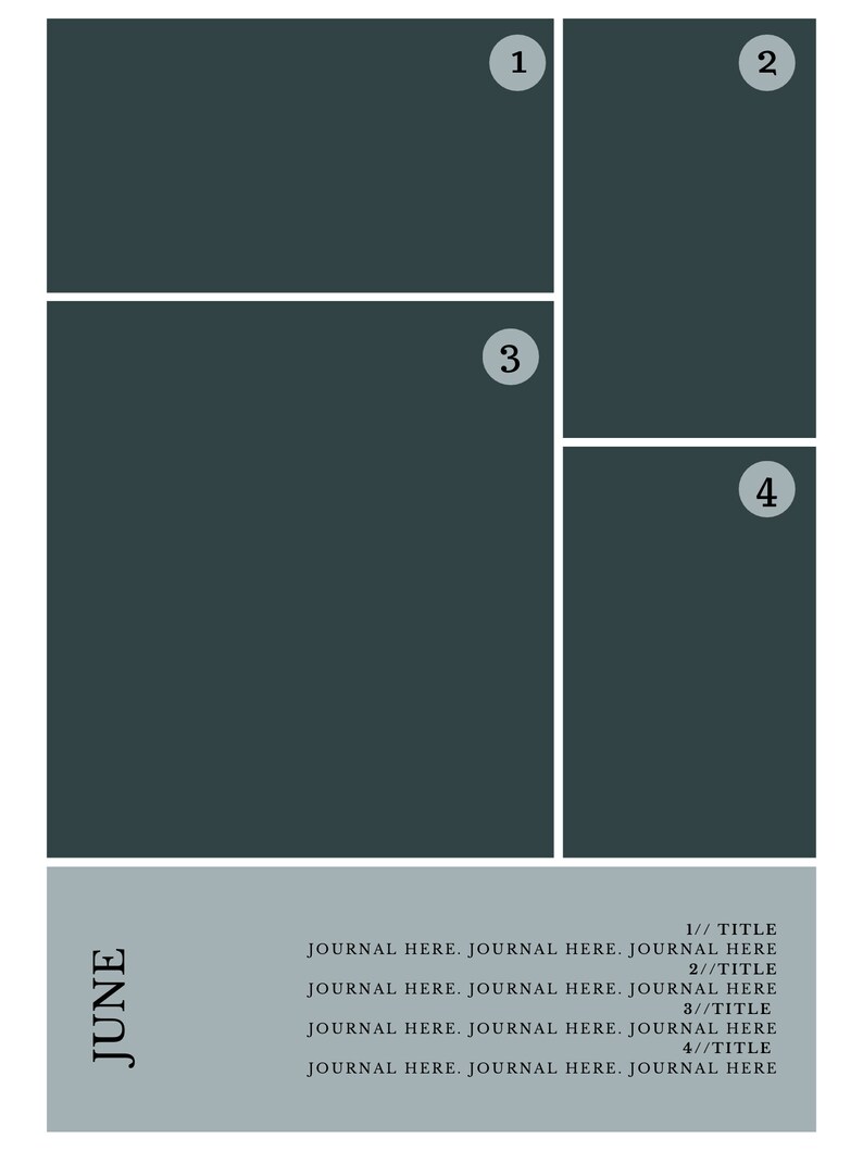 May include: A four-panel journal with a dark green background. The panels are numbered 1 through 4. The text "JUNE" is at the bottom left corner of the image. The text "JOURNAL HERE. JOURNAL HERE. JOURNAL HERE" is repeated four times, once for each panel, with the panel number and the word "TITLE" following each repetition.