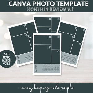 May include: A printable photo template for a month in review. The template has a dark green background with white text and numbers. The template is designed for 6x8, 8x10, 8.5x11, and 9x12 inch photos. The text on the template says "Canva Photo Template Month in Review V.1" and "memory keeping made simple".