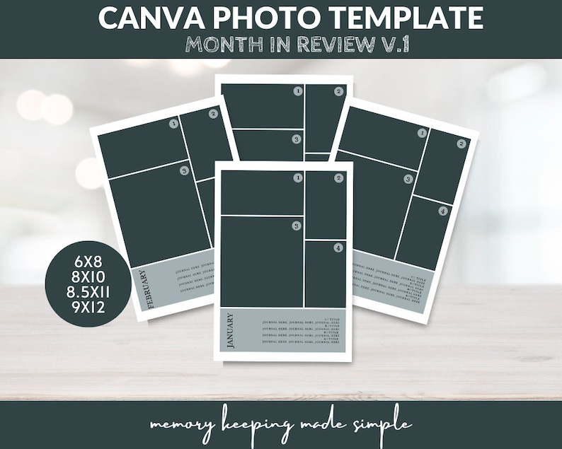 May include: A printable photo template for a month in review. The template has a dark green background with white text and numbers. The template is designed for 6x8, 8x10, 8.5x11, and 9x12 inch photos. The text on the template says "Canva Photo Template Month in Review V.1" and "memory keeping made simple".