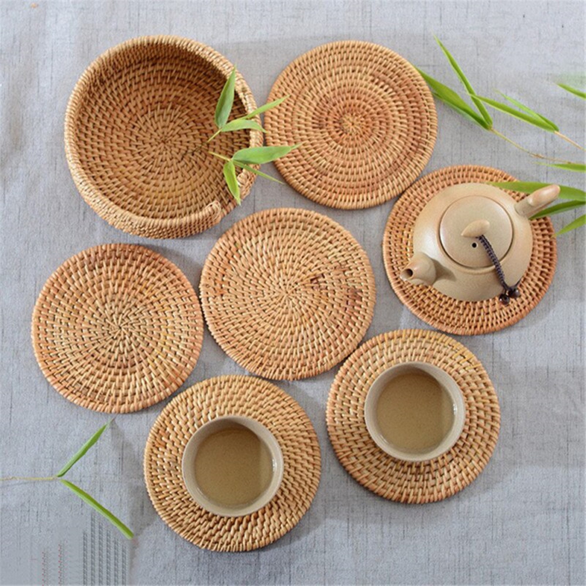 Round Rattan Placemats Vintage Rattan Weaving Coasters Dining Etsy
