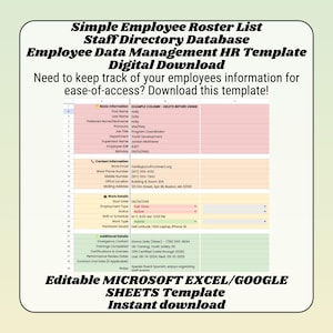 Könnte beinhalten: Eine druckbare Tabellenvorlage zur Verwaltung von Mitarbeiterdaten. Die Vorlage enthält Abschnitte für grundlegende Informationen, Kontaktinformationen, Arbeitsdetails und zusätzliche Details. Die Vorlage ist in Microsoft Excel und Google Sheets bearbeitbar. Der Text auf der Vorlage lautet "Simple Employee Roster List Staff Directory Database Employee Data Management HR Template Digital Download Need to keep track of your employees information for ease-of-access? Download this template! Editable MICROSOFT EXCEL/GOOGLE SHEETS Template Instant download"