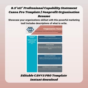 Peut inclure: Un modèle de déclaration de capacité professionnelle pour les organisations à but non lucratif. La conception comprend des sections pour les programmes, les récompenses, les forces uniques, les réalisations majeures et les certifications. Le modèle est de 21,59 cm x 27,94 cm.