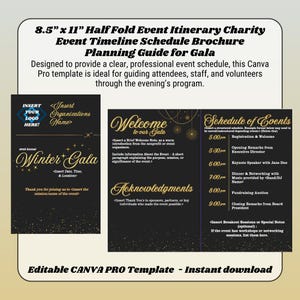 8,5" x 11" piegato a metà Itinerario dell'evento / Brochure del programma della cronologia dell'evento di beneficenza / Guida alla pianificazione per il gala