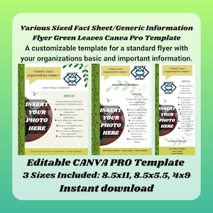 Verschillende formaten factsheet/algemene informatieflyer groene bladeren Canva Pro-sjabloon