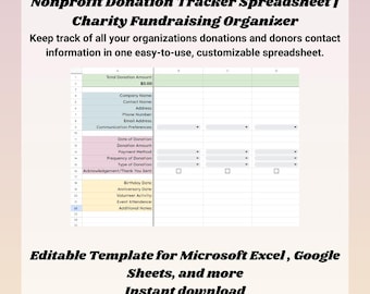 Nonprofit Donation Tracker Spreadsheet | Charity Fundraising Organizer