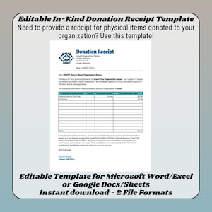 May include: A white donation receipt template with blue text, featuring the words "Donation Receipt" and "Editable In-Kind Donation Receipt Template." The template is designed for Microsoft Word/Excel and Google Docs/Sheets, available for instant download.