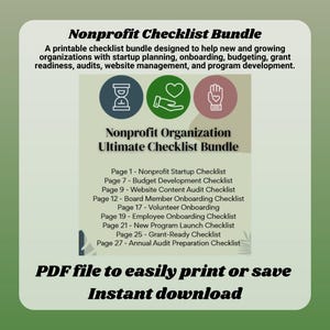 May include: A digital download titled "Nonprofit Checklist Bundle" with a green and white design. The checklist helps with startup planning, onboarding, budgeting, and website management. Includes checklists for various nonprofit tasks.