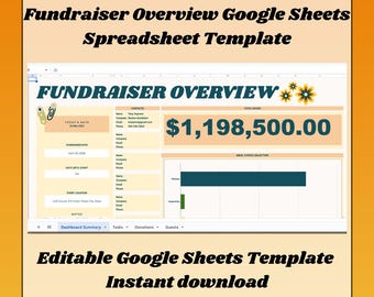 May include: A Google Sheets template for a fundraiser overview. The template includes sections for today's date, fundraiser date, dates until event, event location, contacts, notes, dashboard summary, tasks, donations, and guests. The template also includes a bar chart showing real choice selection. The total raised is $1,198,500.00.