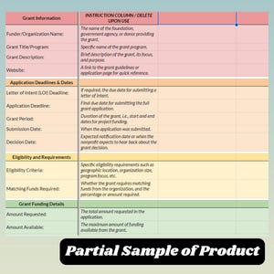 May include: A table with a green and white grid pattern showing instructions for grant applications. The table includes sections for grant information, application deadlines and dates, eligibility and requirements, and grant funding details. The text "Partial Sample of Product" is at the bottom of the table.