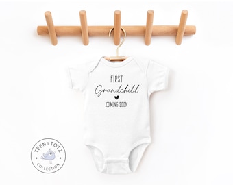 First Grandchild Coming Soon Baby Bodysuit | Pregnancy Announcement Baby Romper, Pregnancy Baby Reveal, Baby Shower Gift