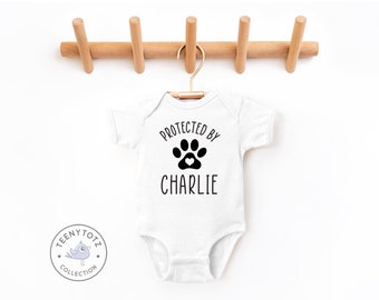 Protected By Dog Baby Bodysuit | Cute Personalized Romper, Custom Baby Clothes, Baby Shower Gift