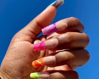 Aloha - Rainbow - Handpainted Gel X Press On Nails - Square - Glossy - Long Medium Short