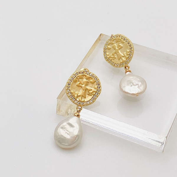 NEW!! Baroque Pearl Earrings | Gold Plated Coin Earrings | Minimalism Earrings | Statement Earrings | Best Gift for HER | Christmas Gift