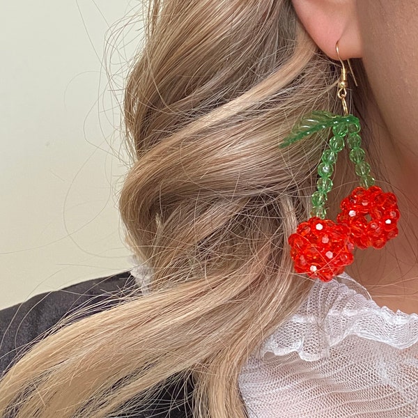 Very Cherry Earrings | LARGE Hand Beaded Cherry Earrings | Bead Drop Earrings | Best Gift for HER