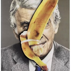 May include: Artwork showing a black and white portrait of a man with a yellow banana partially covering his face. The banana is secured with a white elastic band. Text at the bottom reads "URS FISCHER" and other details.